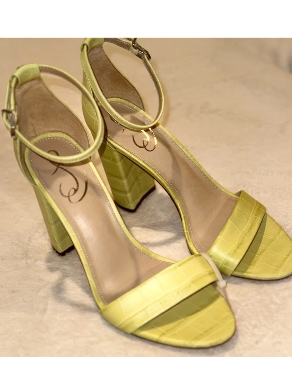 Sam Edelman Yaro 9 Lime Croc-Embossed Ankle-Strap Block Heels